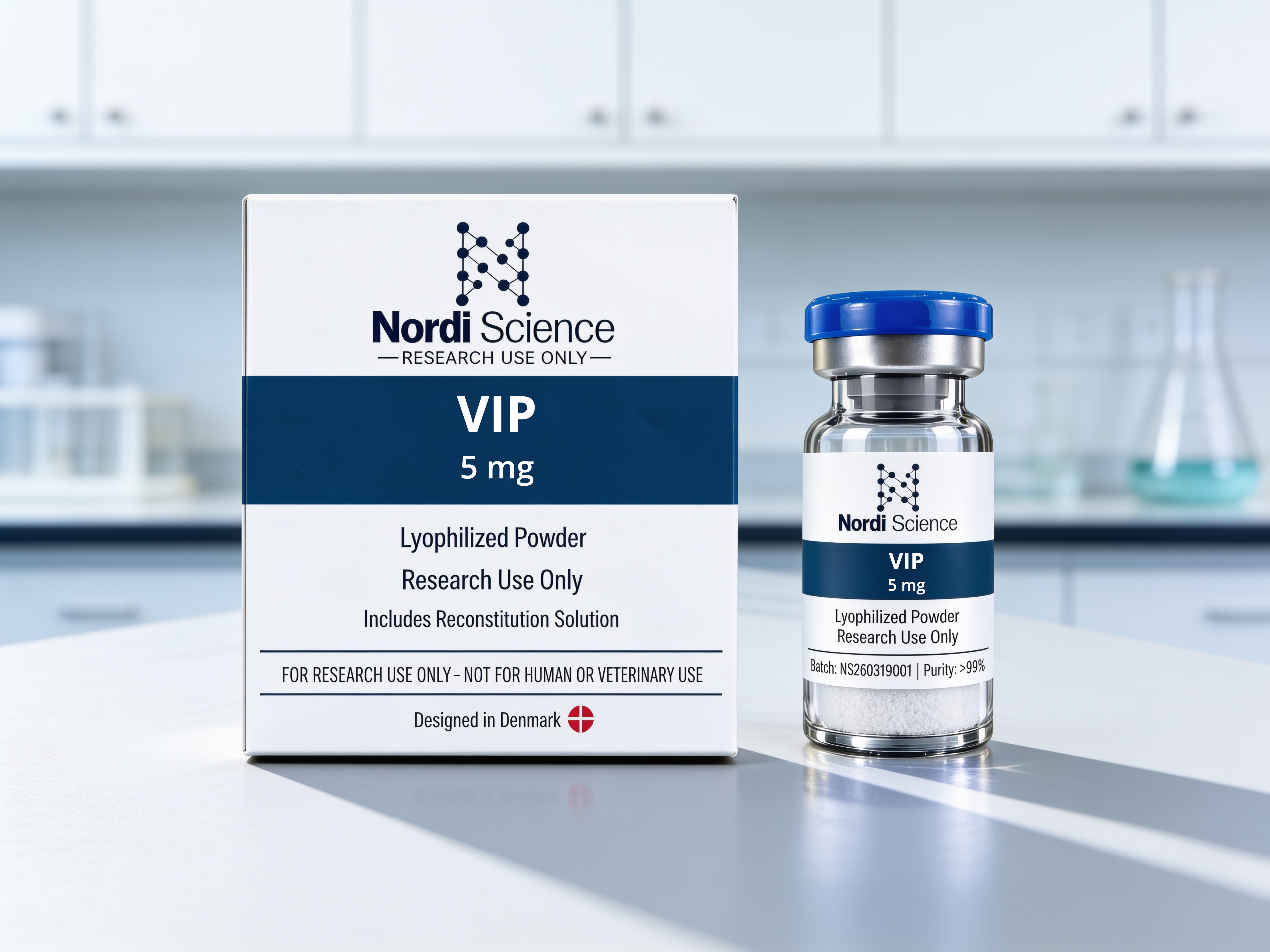 VIP vial and box photographed on a laboratory bench